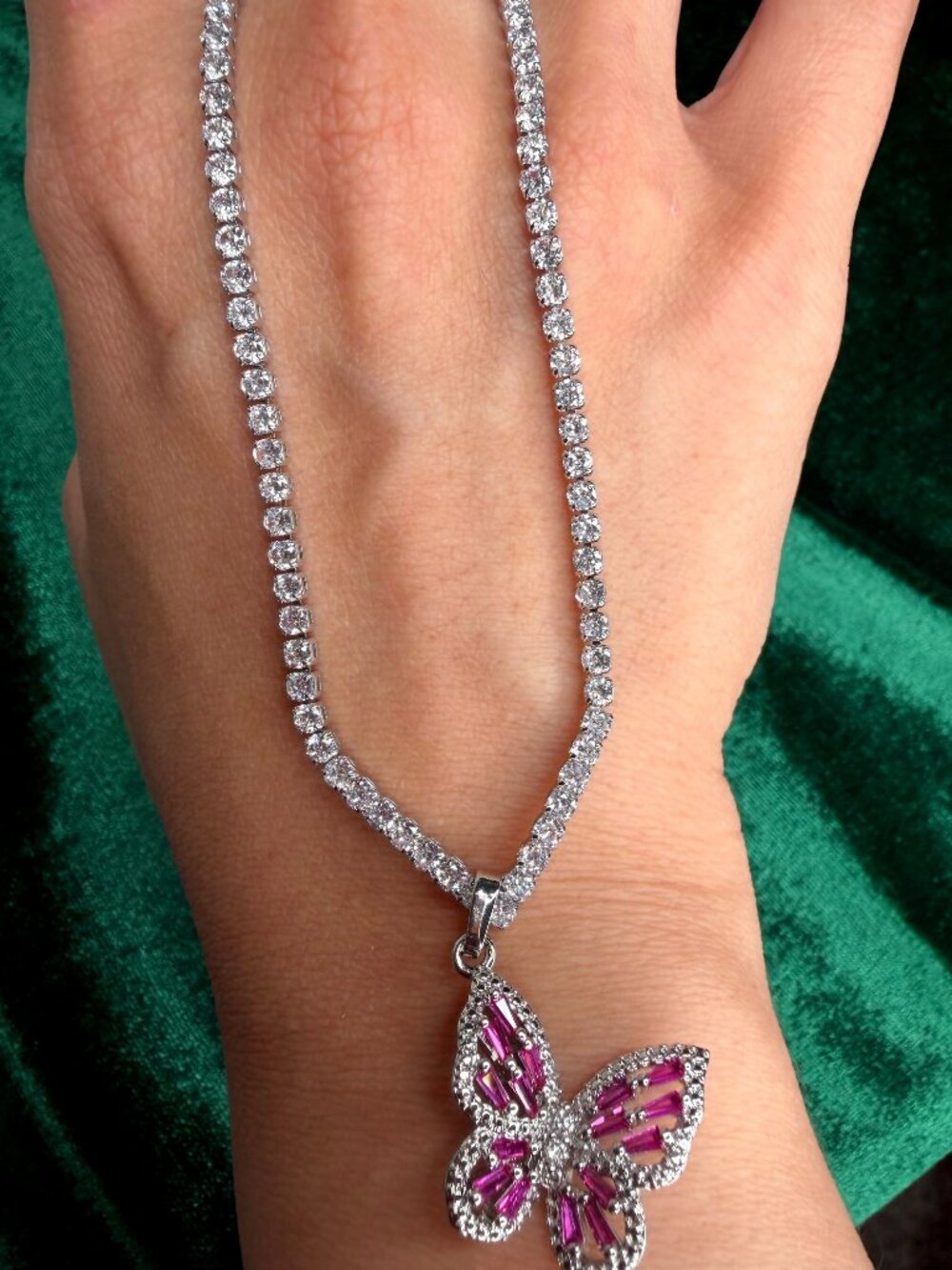 High Carbon CZ Tennis Necklace Pink Butterfly Pendant 14K White Gold Plated